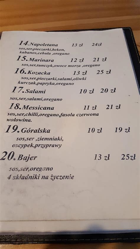 Menu at Oberża restaurant, Krynica